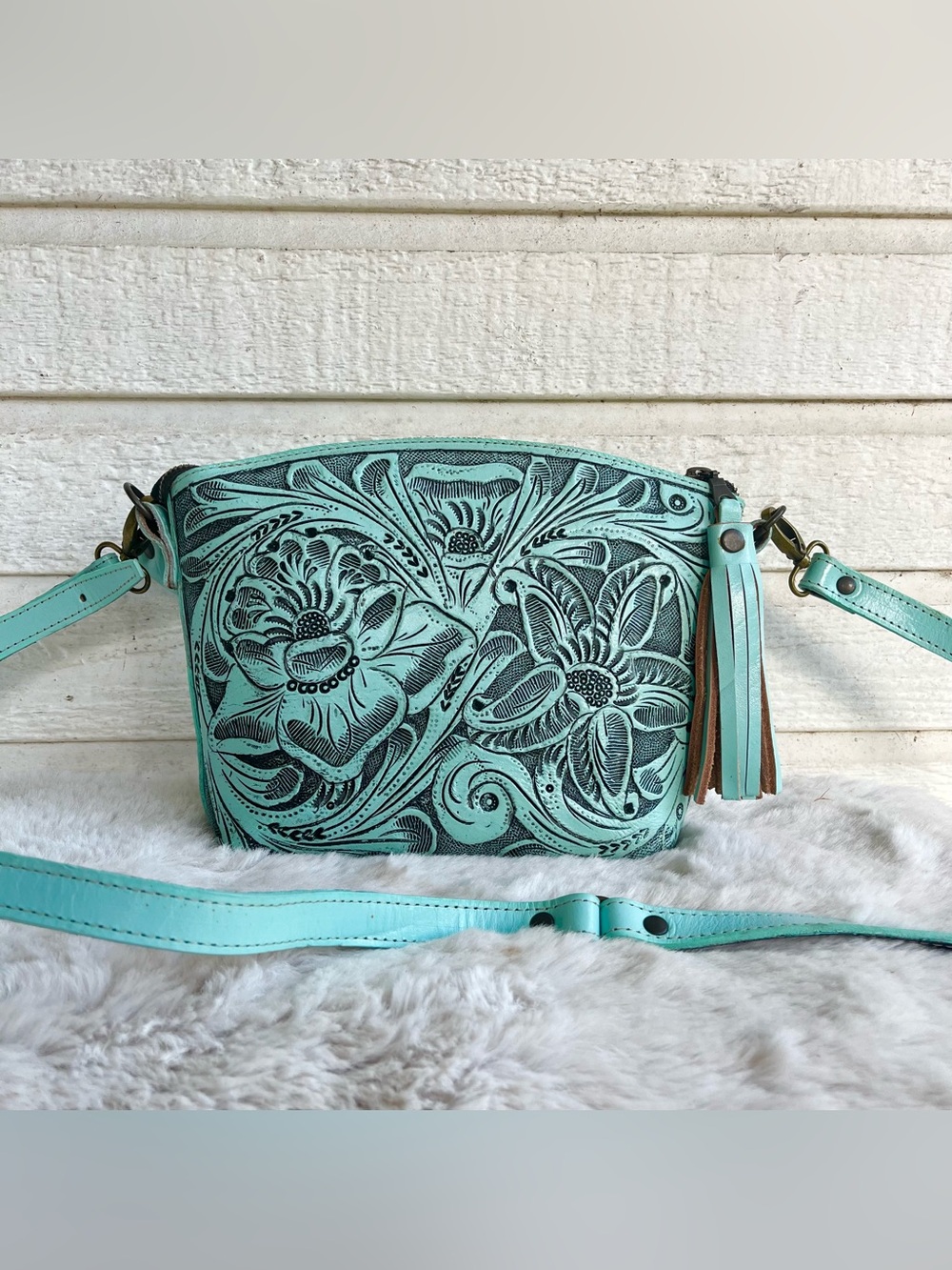 VIDA MIA Brazil Turquoise Floral Tooled Western Bohemian Leather Crossbody Bag